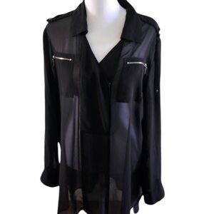 Chico’s size 14 black sheer button up blouse , zip details jacket like look